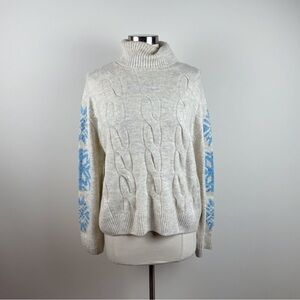 CeCe Cream Blue Snowflake Rhinestone Knit Turtleneck Sweater Women Large